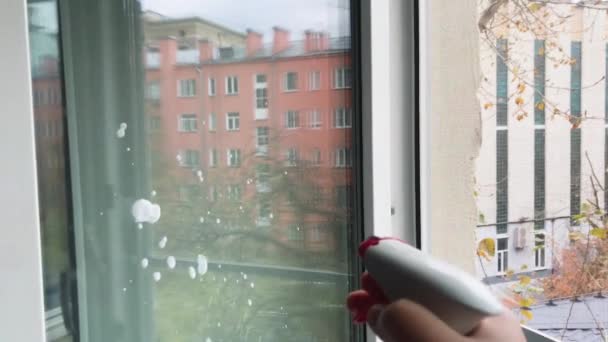 Rengöringsfönsterruta Med Spraytvättmedel Glas Tvål Ränder Som Snö Utanför Fönstret — Stockvideo