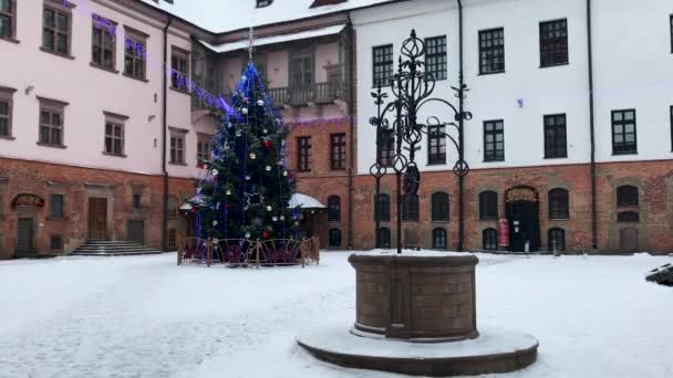 2018年12月 白俄罗斯格罗德诺地区 米尔城堡的庭院 冬季有一口古井 装饰过的圣诞树 节日照明 — 图库视频影像