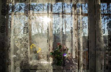 Güneş ışığı tüllerden içeri, perde gölgelerine ve gölgelere yayılır..