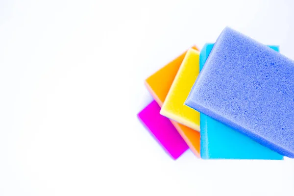 Top View Sponges Washing Dishes White Background Isolated Colorful Multi — Stock Photo, Image