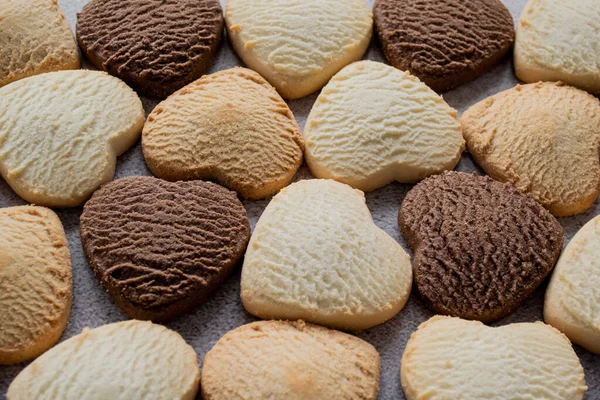 Muitos Biscoitos Coloridos Forma Coração Padaria Caseira Comida Fundo Romântico — Fotografia de Stock