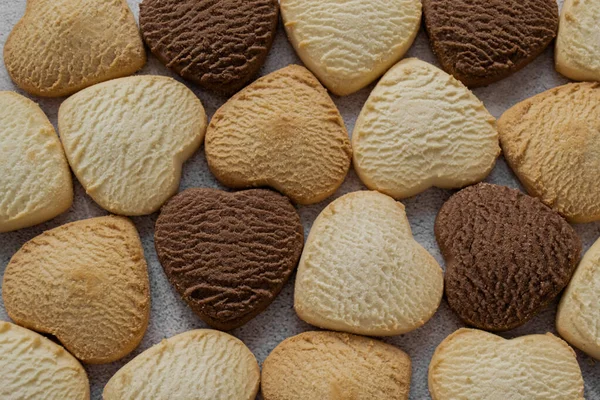 Muitos Biscoitos Coloridos Forma Coração Padaria Caseira Comida Fundo Romântico — Fotografia de Stock