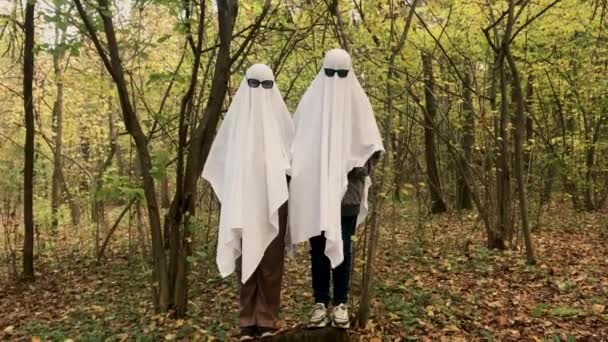 Desafío Fantasmas Bosque Parque Dos Personas Irreconocibles Adolescentes Disfrazados Fantasmas — Vídeo de stock