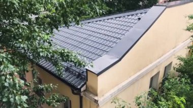 Yağmur diniyor. Damlalar ağaçların yapraklarından, binanın çatısından aşağı akıyor.