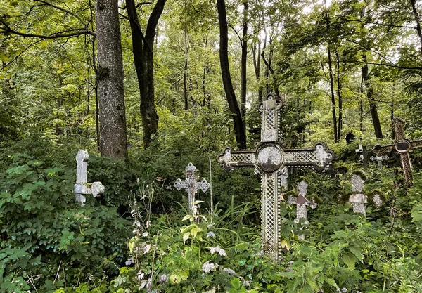 Gammal Övergiven Kyrkogård Bland Träden Högt Gräs Och Metall Och Stockbild