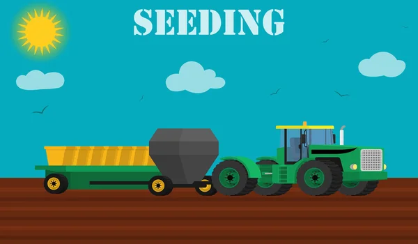 Landwirtschaftliches Gestaltungskonzept - Saatgutaussaat mit Traktor und Sämaschinen. — Stockvektor