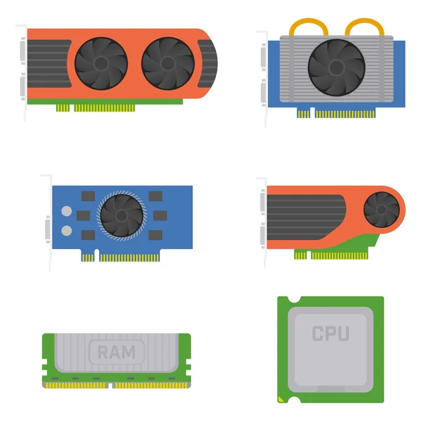 Computer onderdelen - grafische kaarten, Ram, processor. — Stockvector