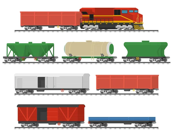 Trens essenciais. Coleção de vagões ferroviários de carga. Isolado em fundo branco. Ilustração vetorial — Vetor de Stock