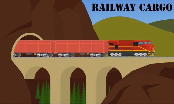 Transporte ferroviario. Tren de mercancías sobre el puente . — Vector de stock