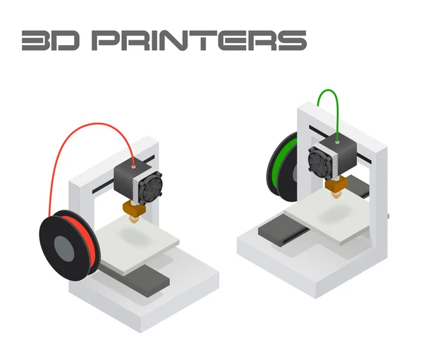 Impresoras 3D modernas en proyección isométrica doble — Vector de stock