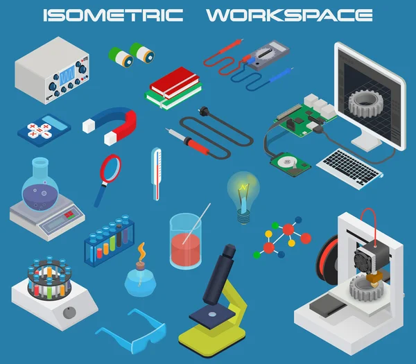 Isometrisches Wissenschaftskonzept mit 3D-Design, Elektronik und Chemie — Stockvektor