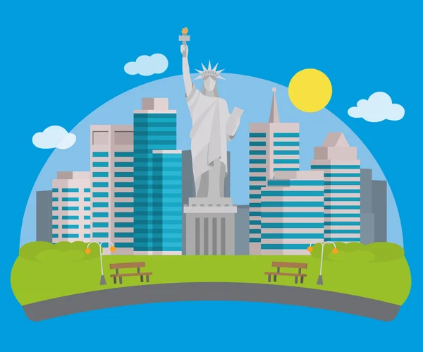 Banner de estilo plano con vistas a la ciudad de Nueva York y la Estatua de la Libertad frente a ella . — Vector de stock