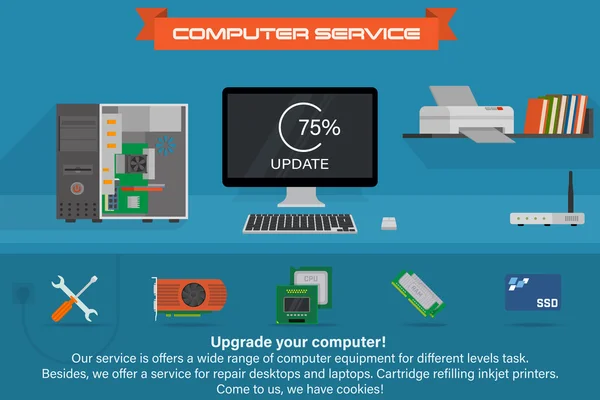 Bandiera di servizio del computer. Esecuzione del processo di aggiornamento. Computer desktop con stampante e libri . — Vettoriale Stock