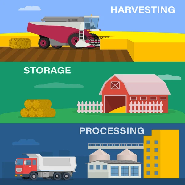 Concepto de diseño de la agricultura conjunto con el proceso de cosecha de cultivos, starage y procesamiento de la fábrica — Vector de stock