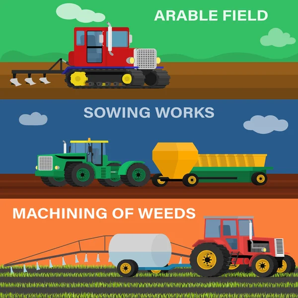 Agricultura horizontal banner vector conjunto de vehículos agrícolas y máquinas agrícolas. Ilustración del proceso de siembra, cultivo y cuidado . — Vector de stock