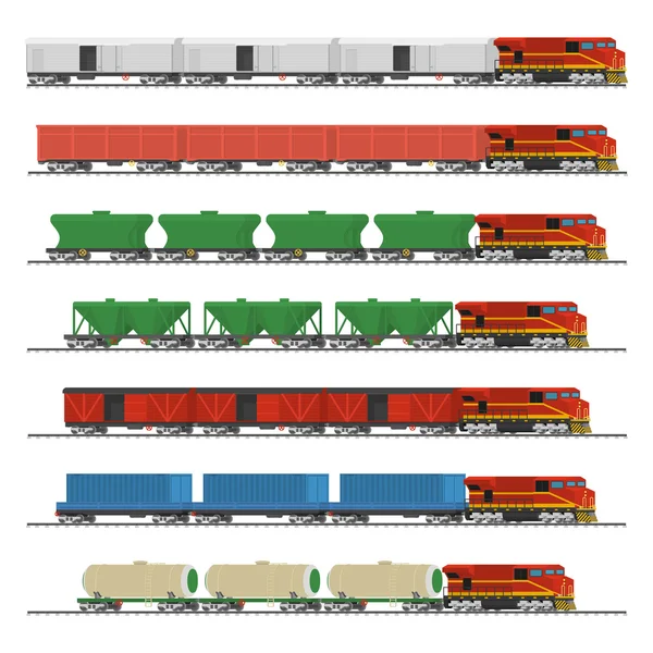 Essential Trains. Collection of freight railway cars. Isolated on white background. Vector illustration — Stock Vector