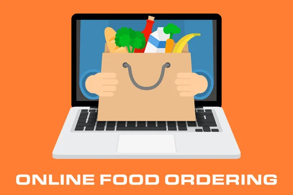 Konsep untuk pemesanan online makanan, pengiriman bahan makanan - Stok Vektor