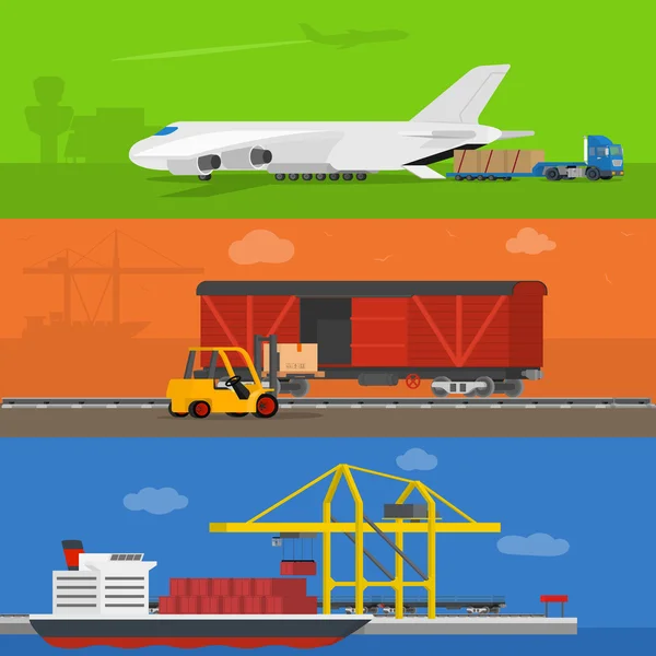 Freight logistics and transportation ways featuring seaway cargo shipping airway freight. — Stock Vector
