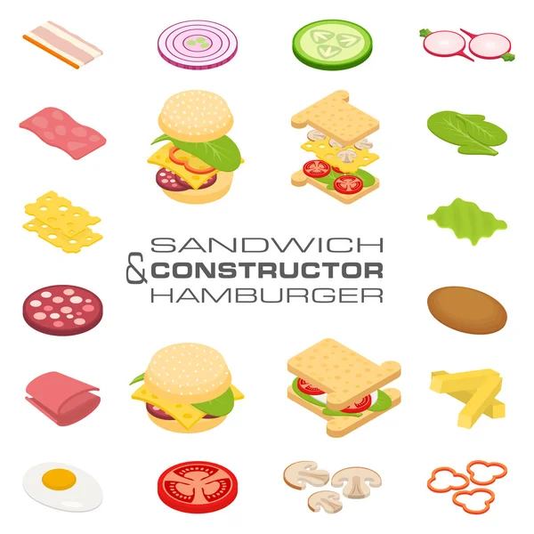 Instellen van de vector constructor isometrische sandwich en hamburger ingrediënten — Stockvector