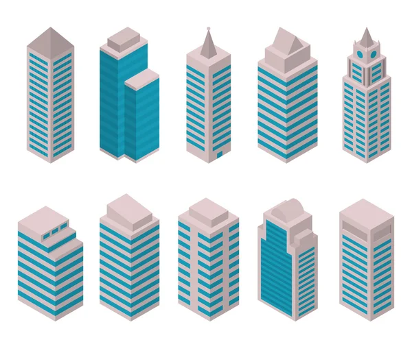 Ensemble isométrique de bâtiments européens de grande hauteur sur fond blanc . — Image vectorielle