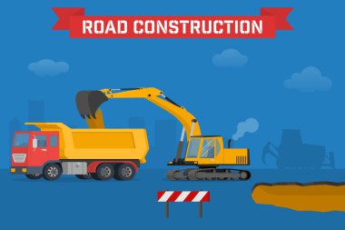 Ekskavatör kazma çukura zemin ve yük kamyonu.