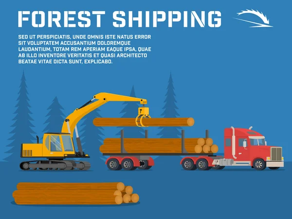运送木材。加载砍伐树木木材起重机 — 图库矢量图片