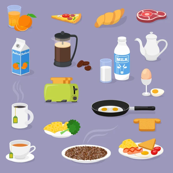 Vector breakfast time illustration with fresh food and drinks. — Stock Vector