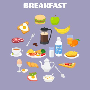 Kahvaltı konsepti ile taze yiyecek ve içecek Icons set