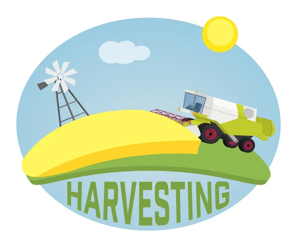 Combine harvester on a wheat field against sun. — Stock Vector