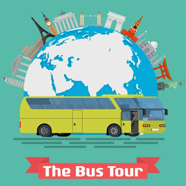 O Tour de Ônibus da Europa e marcos familiares populares . —  Vetores de Stock