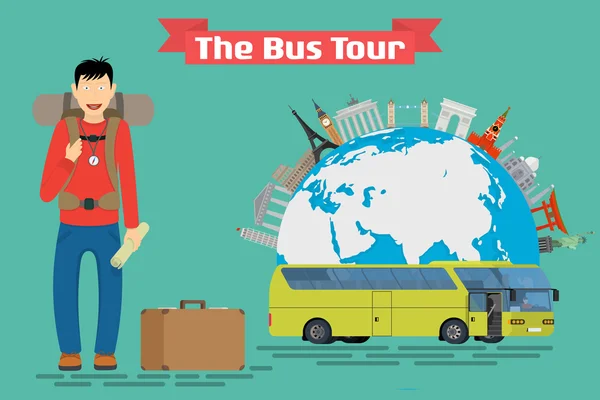 Vektorové ilustrace - turistické jede Bus Tour Evropy a populární známé památky. — Stockový vektor