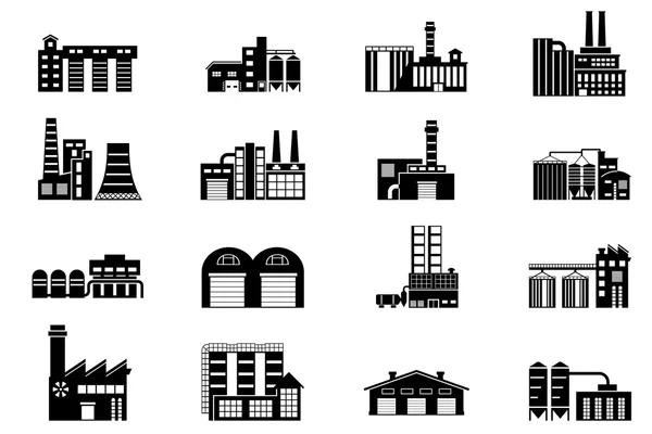 Edificio industrial y manufacturero. Iconos vectoriales monocromáticos — Vector de stock