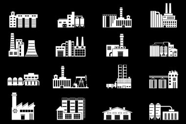 Simge yapı Sanayi Fabrikası kümesi. Tesis ve fabrika, güç ve duman, petrol ve enerji, üretim istasyonu nükleer.