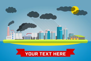 Kentsel kirlilik manzara. Ekoloji, çevre koruma üretim, fabrika, tesis, çevre kirliliği, duman, Bina. Düz vektör çizimler