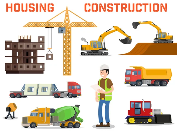 Constructores de máquinas de construcción y proceso de construcción de casas . — Archivo Imágenes Vectoriales