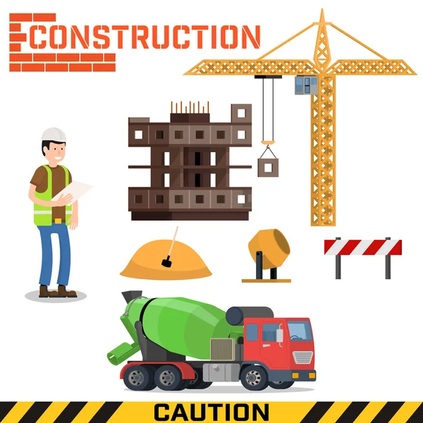 Sitio de construcción, construcción de una casa - ilustración plana vector . — Vector de stock