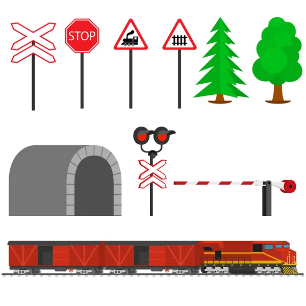 교통 철도 방법과 boxcars와 기차. 철도 열차 교통. — 스톡 벡터