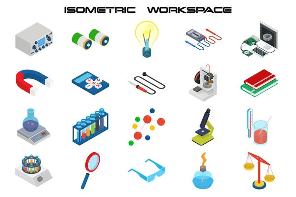 Isometric science icons with 3D design, electronics and chemistry equipment — Stock Vector