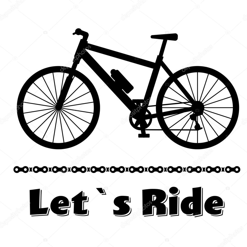 Minimalistic bike poster Lets Ride. Black mountain bicycle with a chain. Vector illustration on white background.