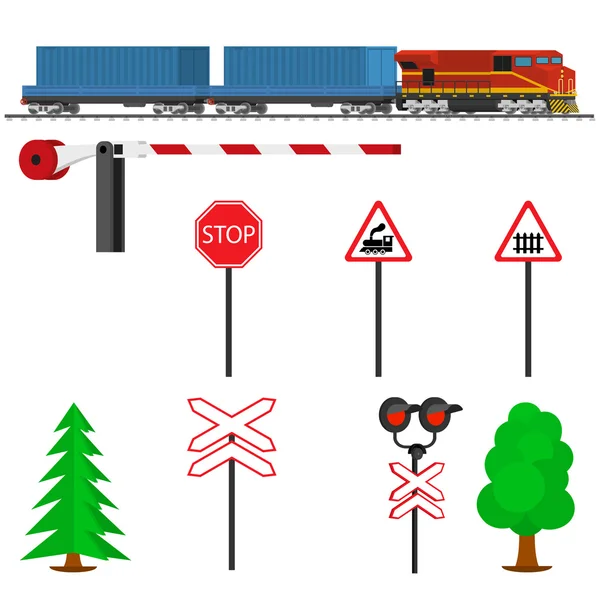 Железнодорожный путь и поезд с контейнерами. Железнодорожный транспорт . — стоковый вектор