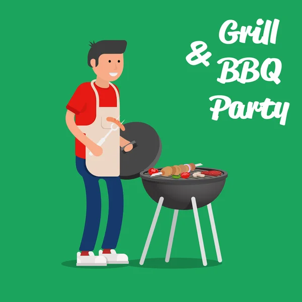 Man of cooking meat with a grill. Barbecue party. Vector illustration. — Stock Vector