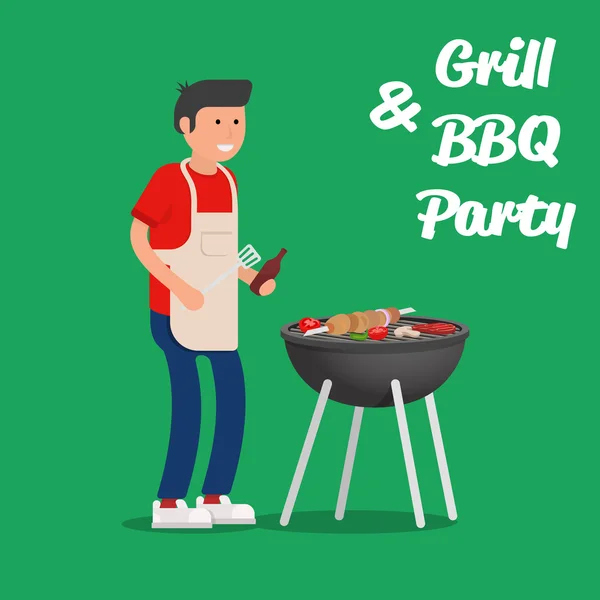 Man of cooking meat with a grill. Barbecue party. Vector illustration. — Stock Vector