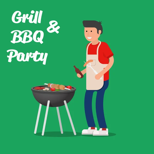 Man of cooking meat with a grill. Barbecue party. Vector illustration. — Stock Vector