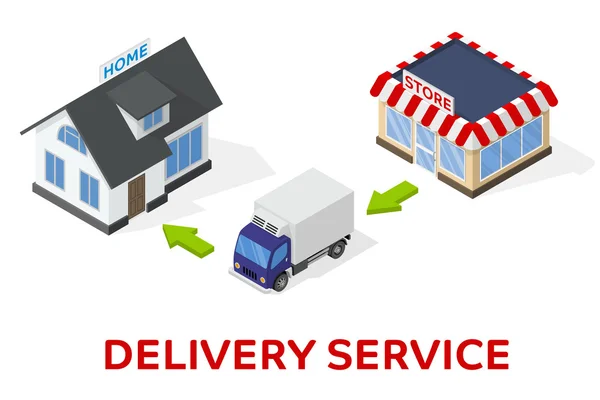 Dodávka zboží z obchodu až domů - izometrické ilustrace truck, obchod a domov — Stockový vektor