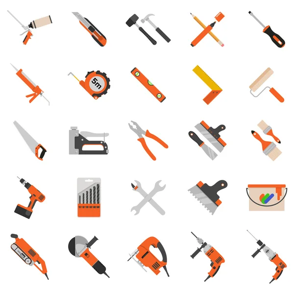 Home repair tools vector icons. Working repair tools for repair and construction. Hand drill, saw, level, hammer, screwdriver and other construction tools. Home repair set isolated on white background — Stock Vector