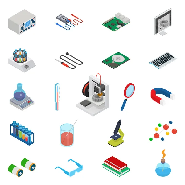 Isometric science icons with 3D design, electronics and chemistry equipment — Stock Vector