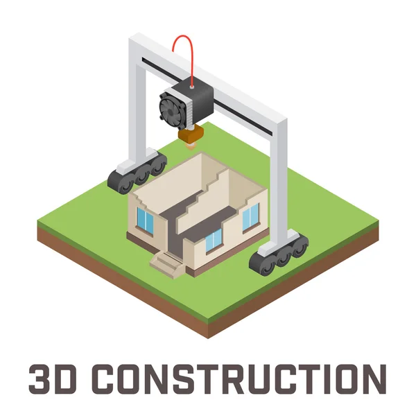 La stampante 3D industriale stampa un concetto di casa. Illustrazione vettoriale isometrica — Vettoriale Stock