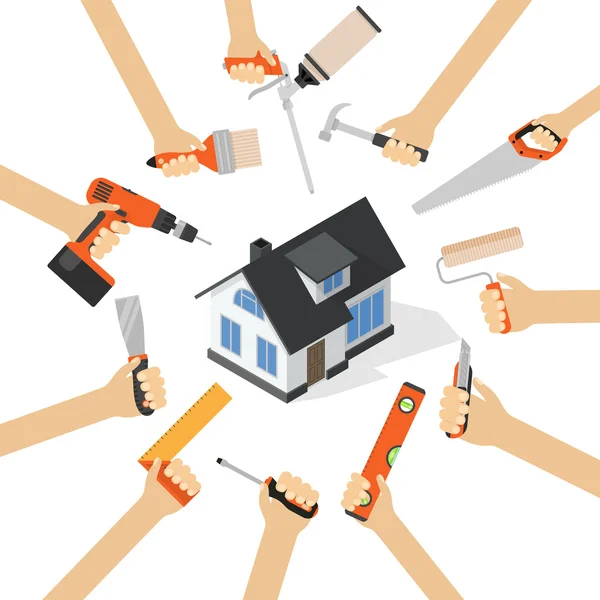 Handen met home reparatie diy renovatie huishoudelijk werk extra platte vectorillustratie met isometrische huis — Stockvector