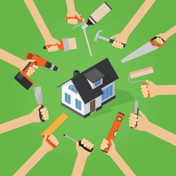 Mãos com casa reparação diy renovação tarefas domésticas ferramentas plana vetor ilustração com casa isométrica — Vetor de Stock