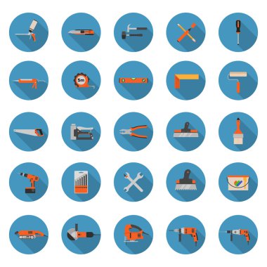 İnşaat araçları Icons set - düz stil vektör çizimler uzun gölgeler ile